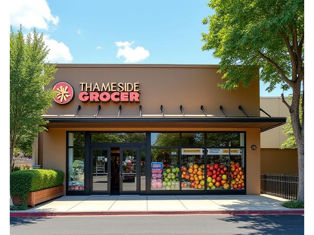 Exterior view of Thameside Grocer store with fresh produce visible