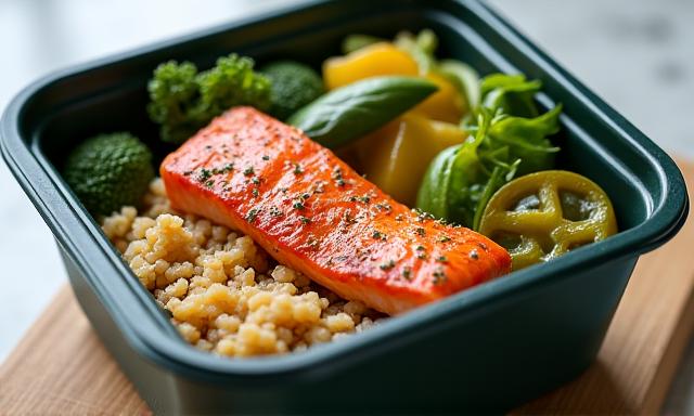 Deliciously arranged prepared meal in a compostable container