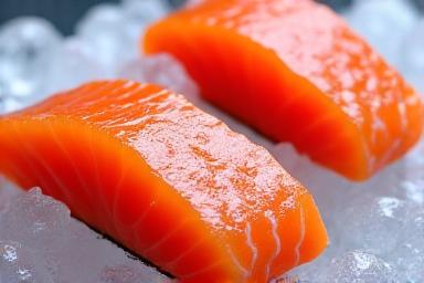 Fresh salmon fillets on ice